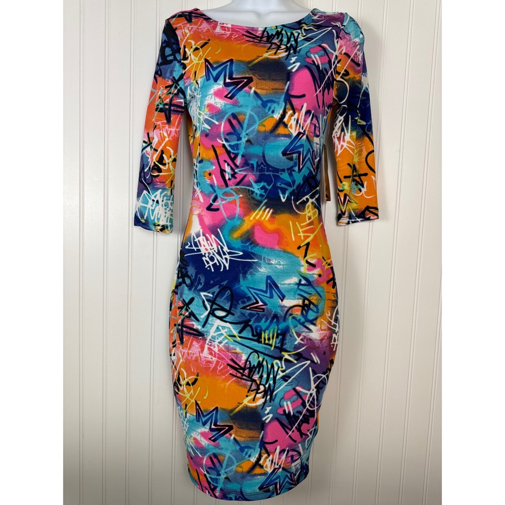 Nicki Minaj Bodycon Dress Womens S Multicolor Graffiti Pop 3/4 Sleeve Scoop Neck